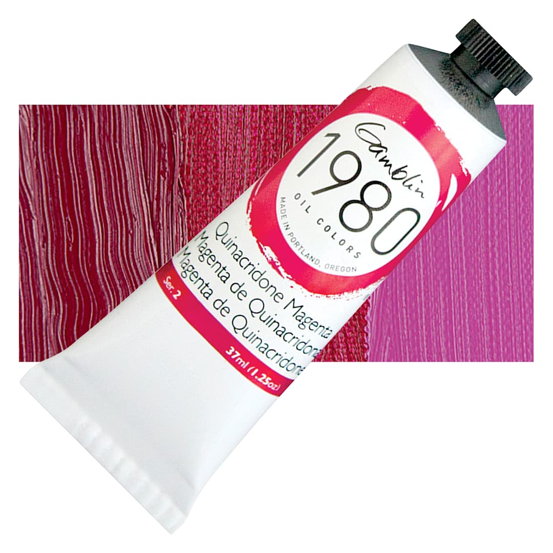 Open in modal - Gamblin 1980 Oil Paint - Quinacridone Magenta, 37 ml tube and swatch