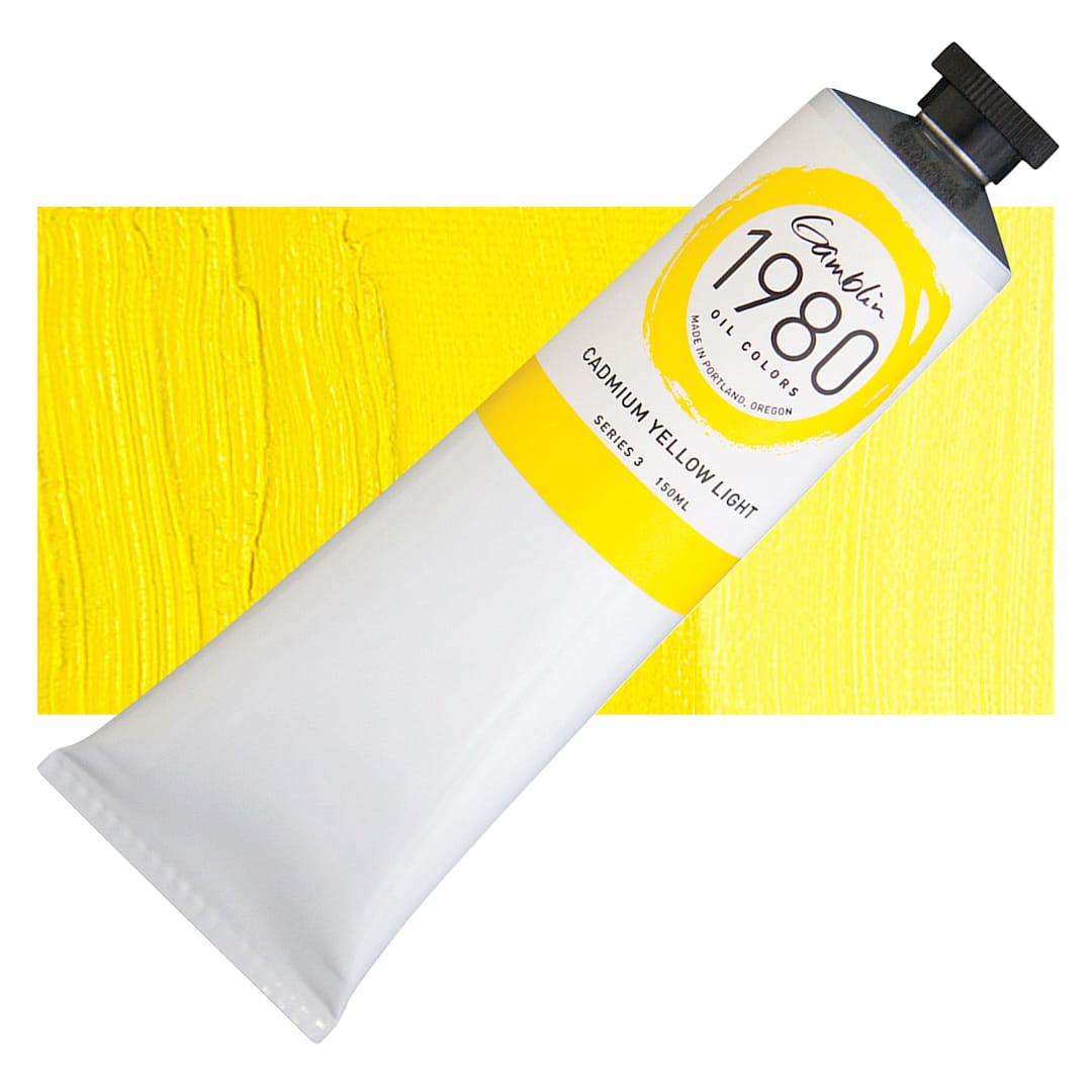 Open in modal - Gamblin 1980 Oil Paint - Cadmium Yellow Light, 150 ml tube and swatch
