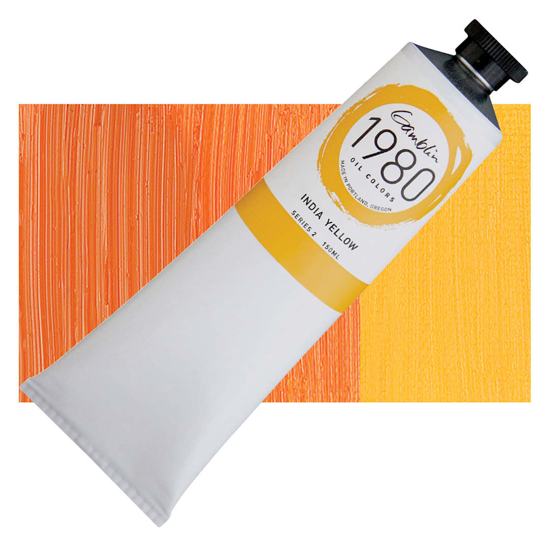 Open in modal - Gamblin 1980 Oil Paint - India Yellow, 150 ml tube and swatch