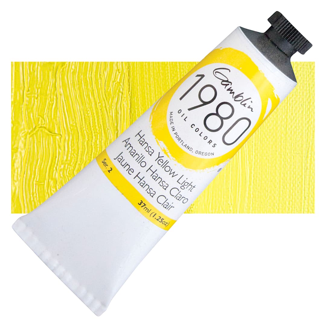 Open in modal - Gamblin 1980 Oil Paint - Hansa Yellow Light, 37 ml tube and swatch