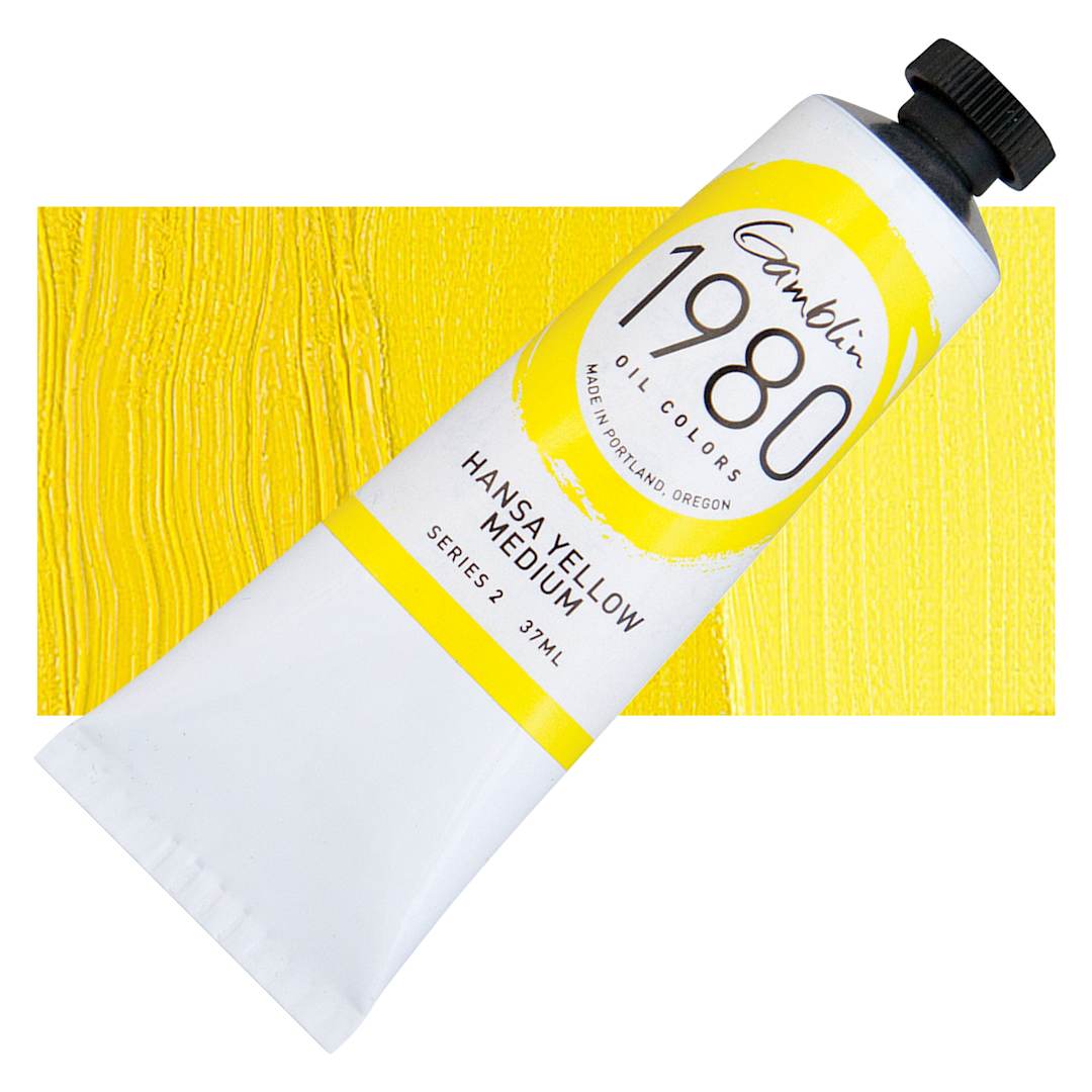 Open in modal - Gamblin 1980 Oil Paint - Hansa Yellow Medium, 37 ml tube and swatch