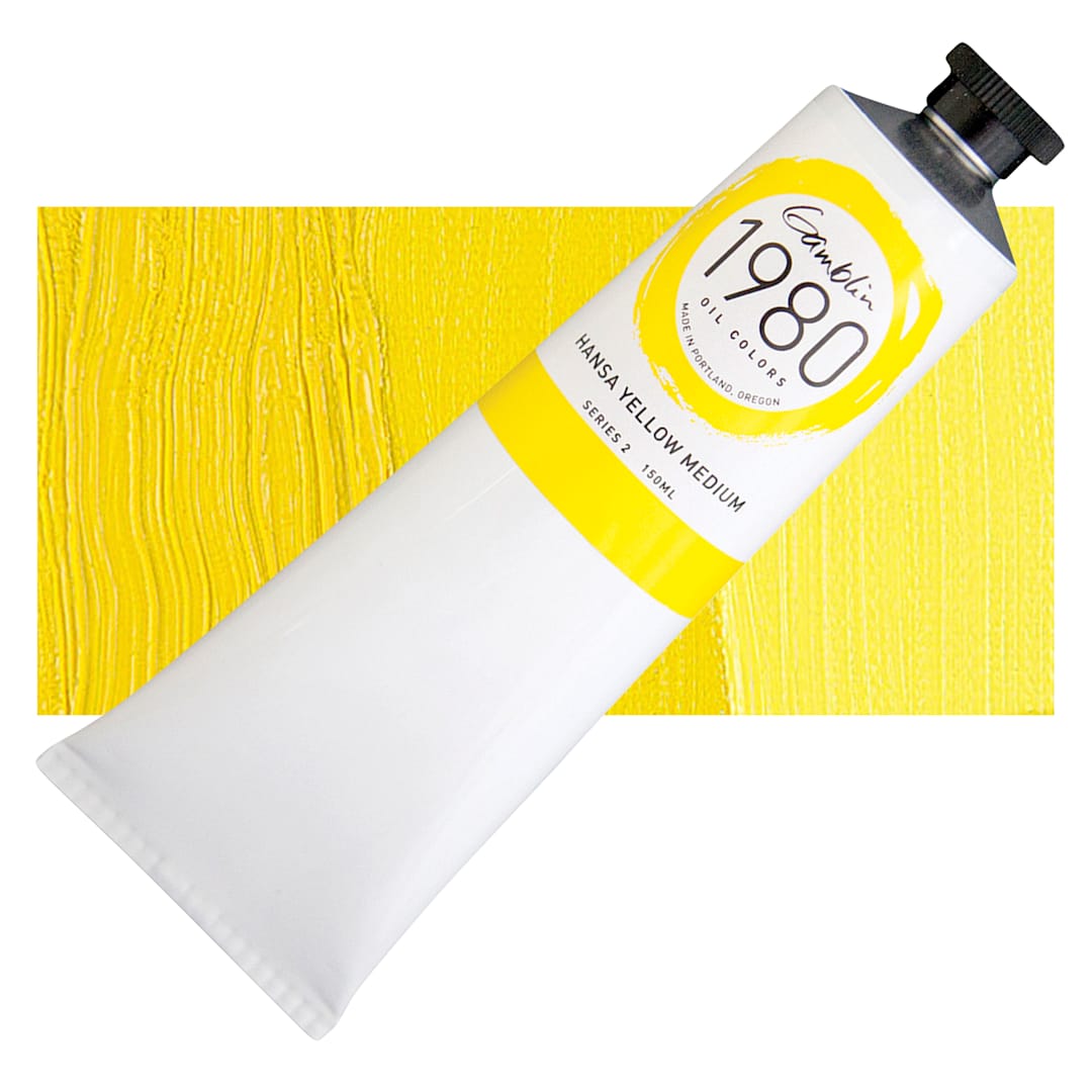 Open in modal - Gamblin 1980 Oil Paint - Hansa Yellow Medium, 150 ml tube and swatch