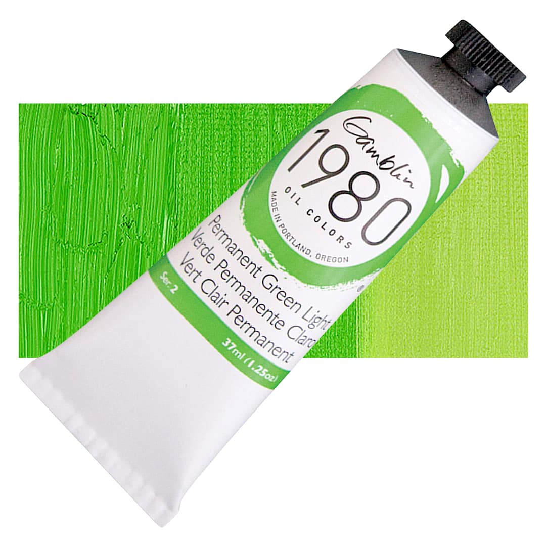 Open in modal - Gamblin 1980 Oil Paint - Permanent Green Light, 37 ml tube and swatch
