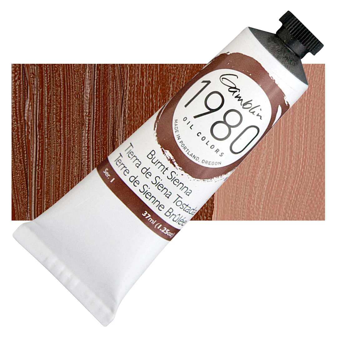 Open in modal - Gamblin 1980 Oil Paint - Burnt Sienna, 37 ml tube and swatch