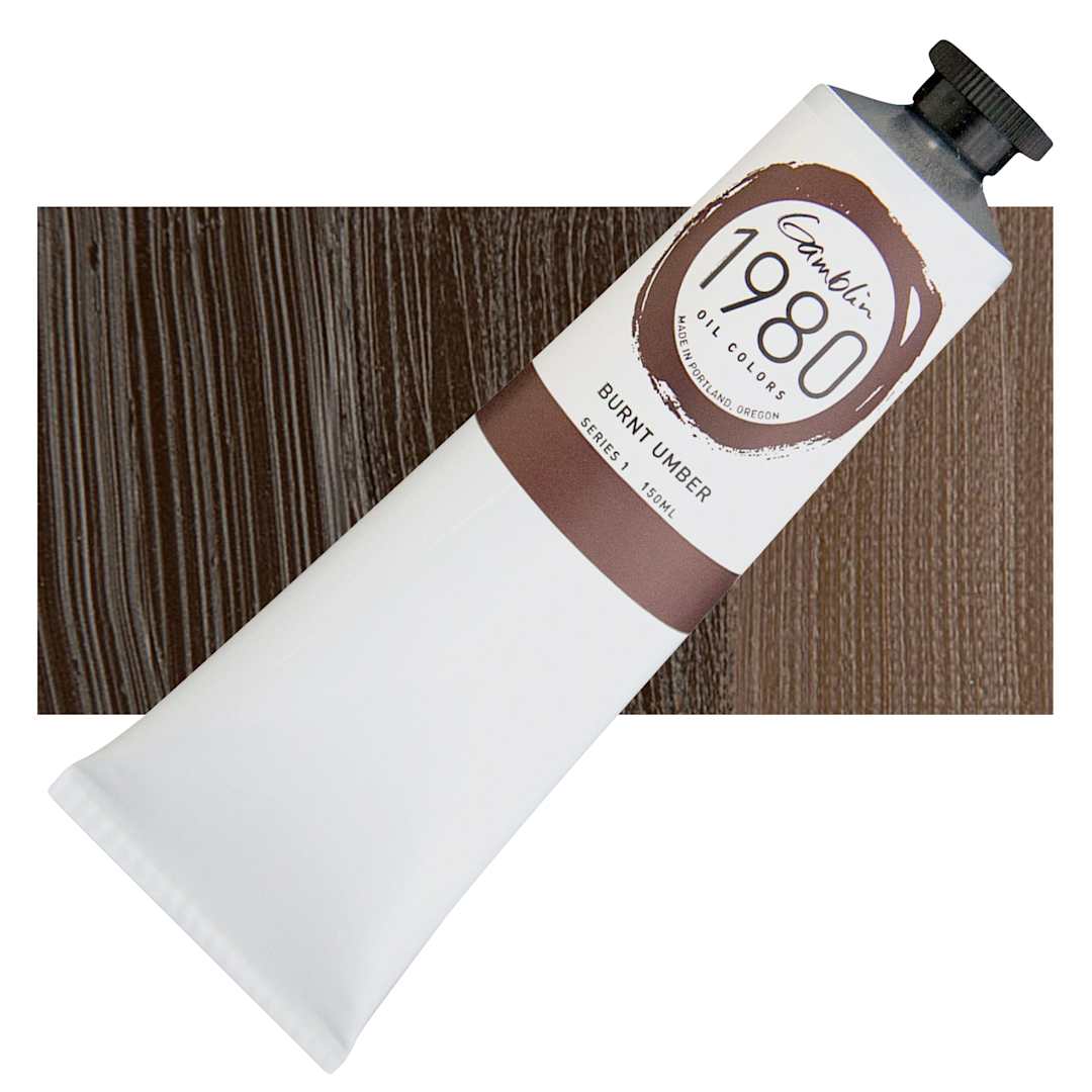 Open in modal - Gamblin 1980 Oil Paint - Burnt Umber, 150 ml tube and swatch