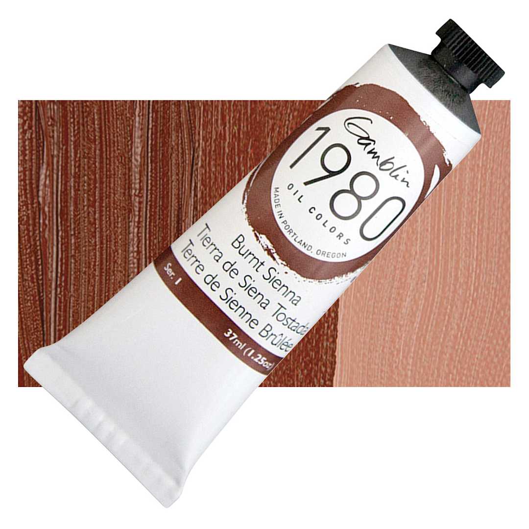 Open in modal - Gamblin 1980 Oil Paint - Burnt Sienna, 37 ml tube and swatch