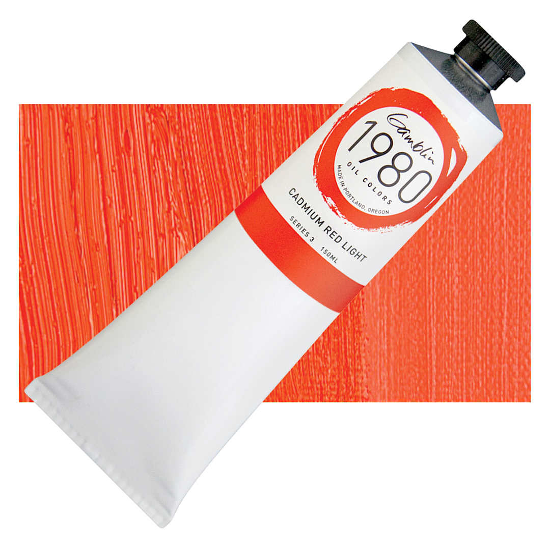 Open in modal - Gamblin 1980 Oil Paint - Cadmium Red Light, 150 ml tube and swatch