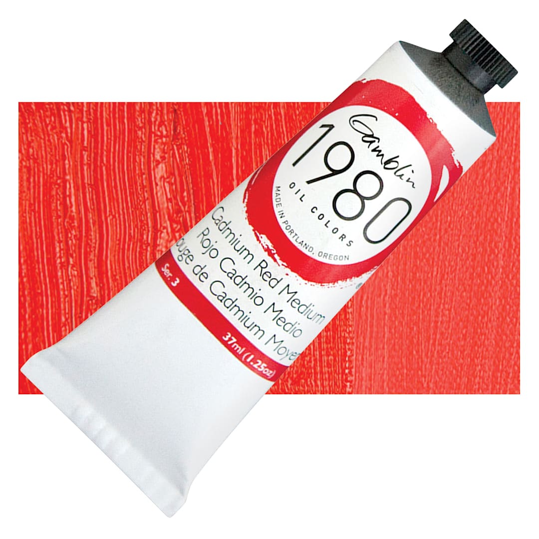 Open in modal - Gamblin 1980 Oil Paint - Cadmium Red Medium, 37 ml tube and swatch