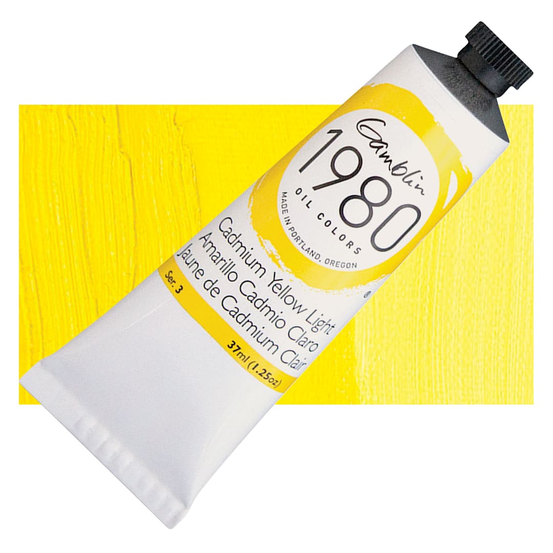 Open in modal - Gamblin 1980 Oil Paint - Cadmium Yellow Light, 37 ml tube and swatch