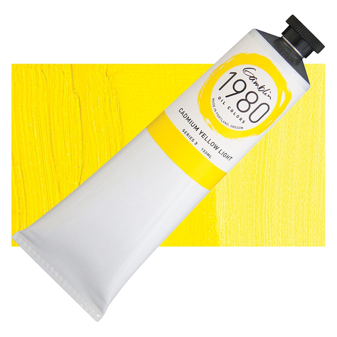 Open in modal - Gamblin 1980 Oil Paint - Cadmium Yellow Light, 150 ml tube and swatch