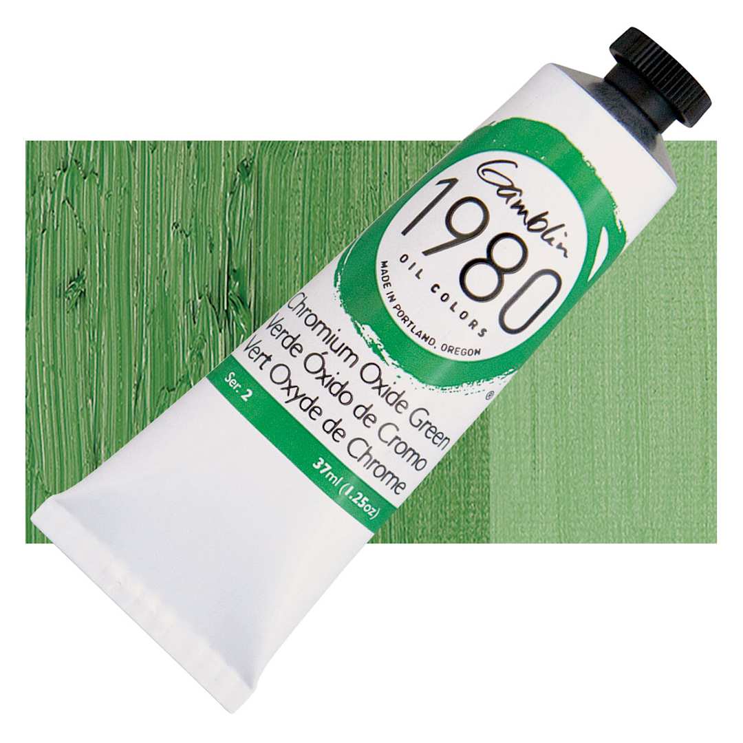 Open in modal - Gamblin 1980 Oil Paint - Chromium Oxide Green, 37 ml tube and swatch