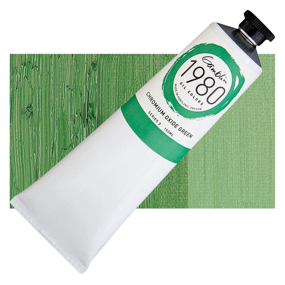 Open in modal - Gamblin 1980 Oil Paint - Chromium Oxide Green, 150 ml tube and swatch