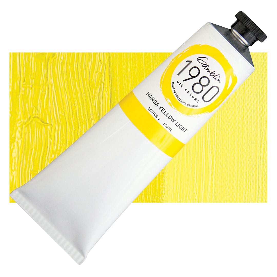 Open in modal - Gamblin 1980 Oil Paint - Hansa Yellow Light, 150 ml tube and swatch