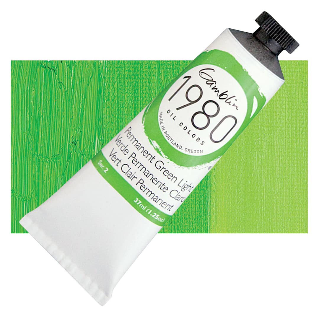 Open in modal - Gamblin 1980 Oil Paint - Permanent Green Light, 37 ml tube and swatch