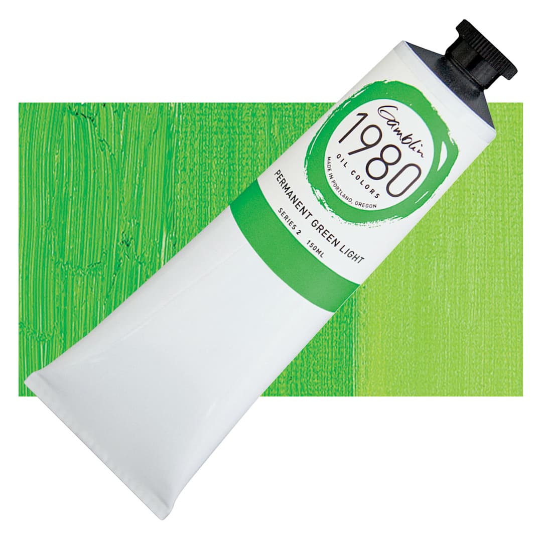 Open in modal - Gamblin 1980 Oil Paint - Permanent Green Light, 150 ml tube and swatch