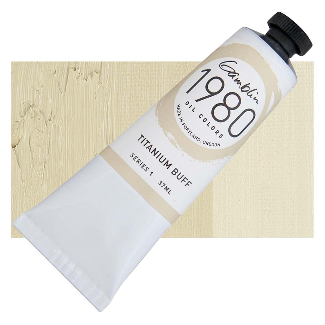 Open in modal - Gamblin 1980 Oil Paint - Titanium Buff, 37 ml tube and swatch