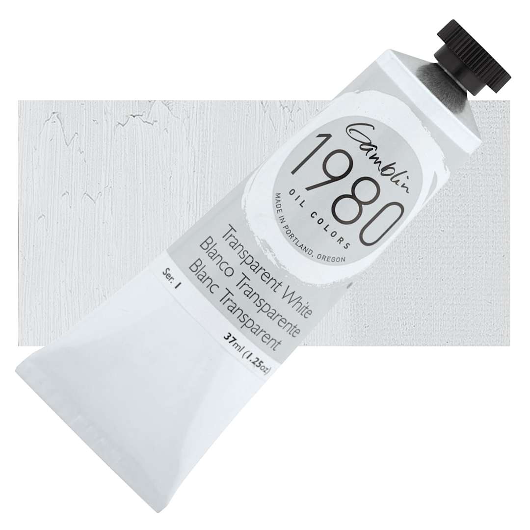 Open in modal - Gamblin 1980 Oil Paint - Transparent White, 37 ml tube and swatch