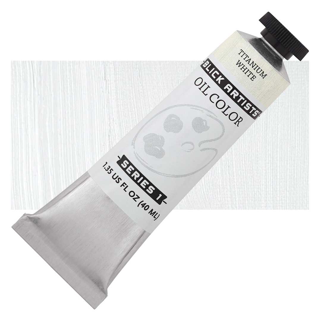 Open in modal - Blick Artists' Oil Paint - Titanium White, 40 ml tube and swatch