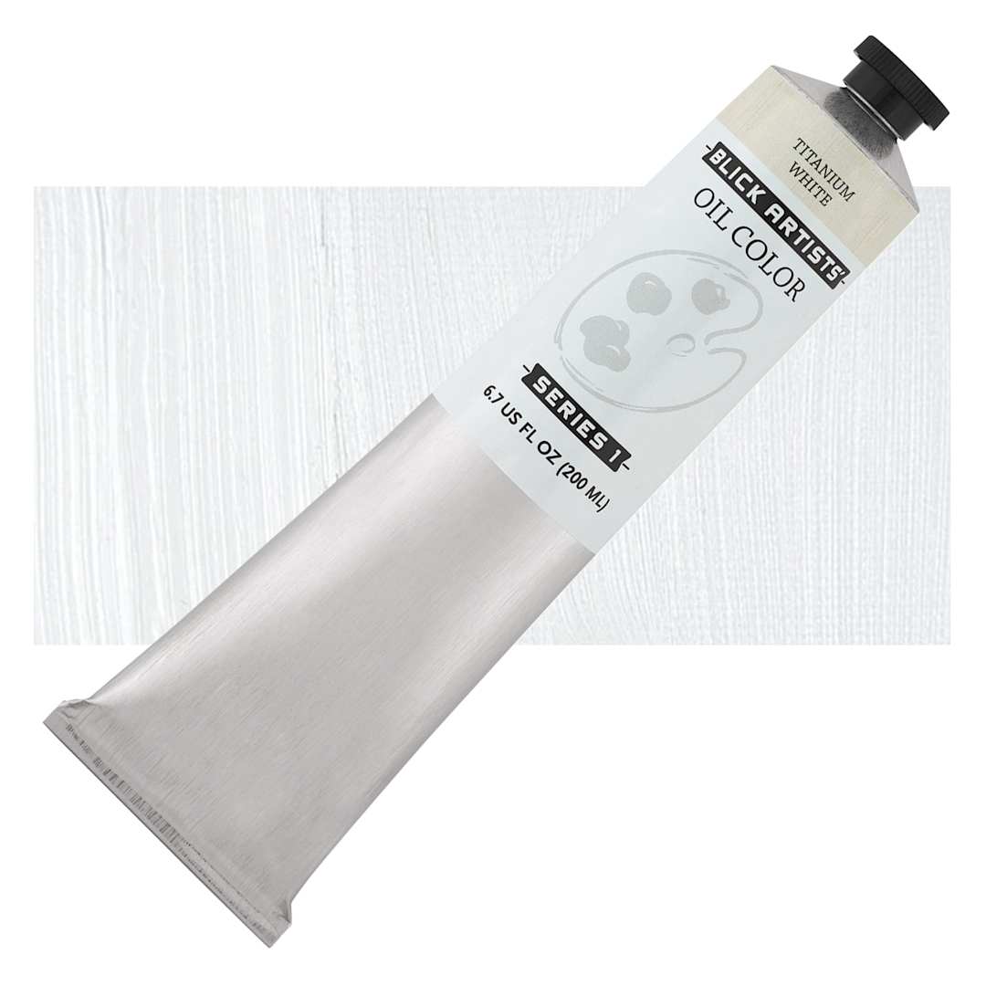 Open in modal - Blick Artists' Oil Paint - Titanium White, 200 ml tube and swatch