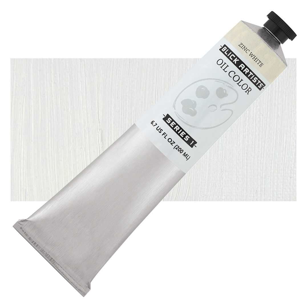 Open in modal - Blick Artists' Oil Paint - Zinc White, 200 ml tube and swatch