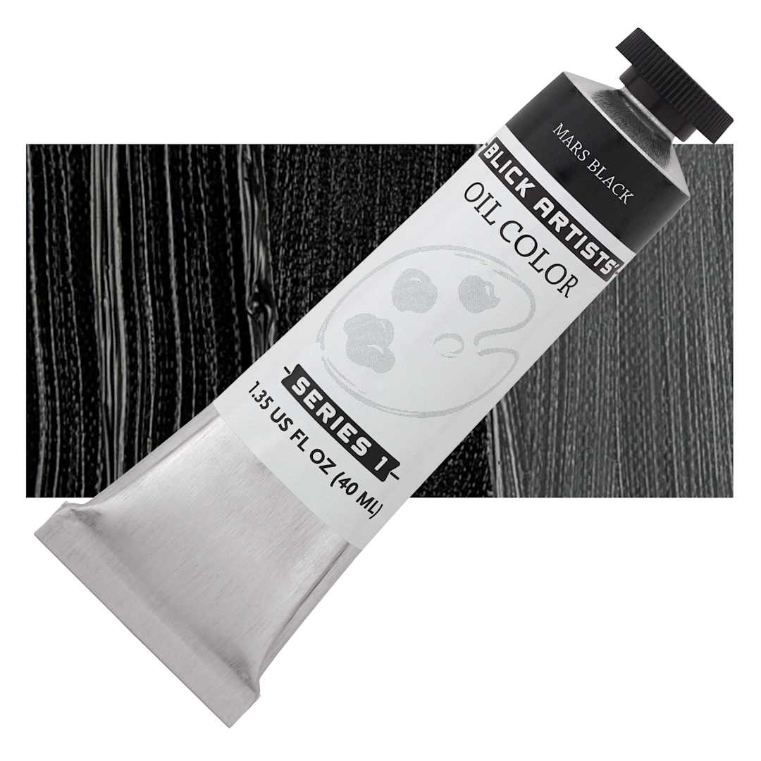 Open in modal - Blick Artists' Oil Paint - Mars Black, 40 ml tube and swatch
