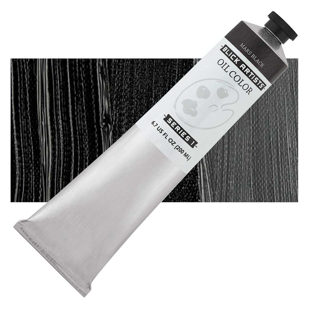 Open in modal - Blick Artists' Oil Paint - Mars Black, 200 ml tube and swatch