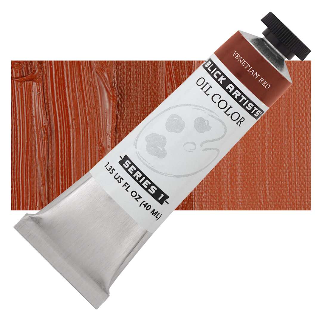 Open in modal - Blick Artists' Oil Paint - Venetian Red, 40 ml tube and swatch