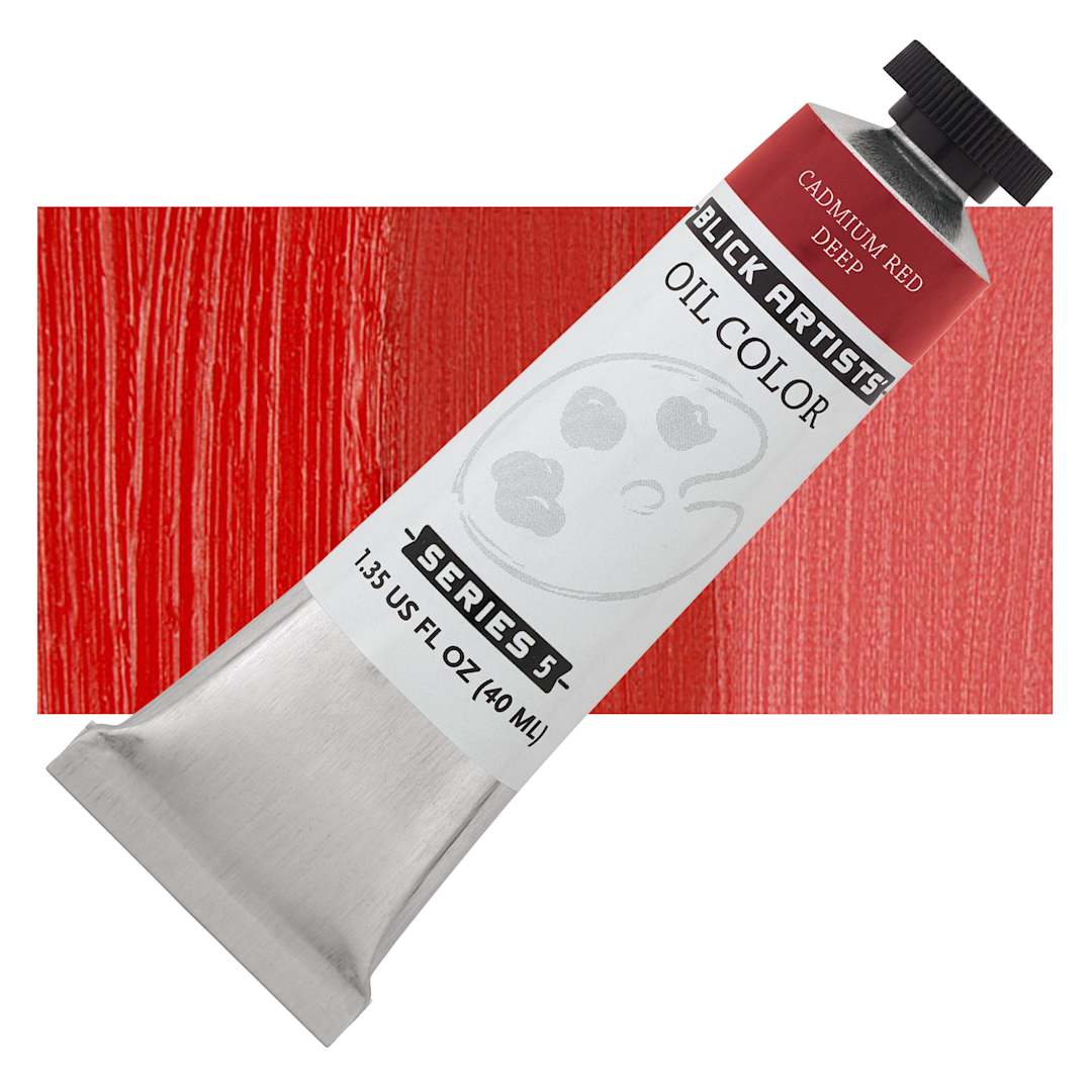 Open in modal - Blick Artists' Oil Paint - Cadmium Red Deep, 40 ml tube and swatch