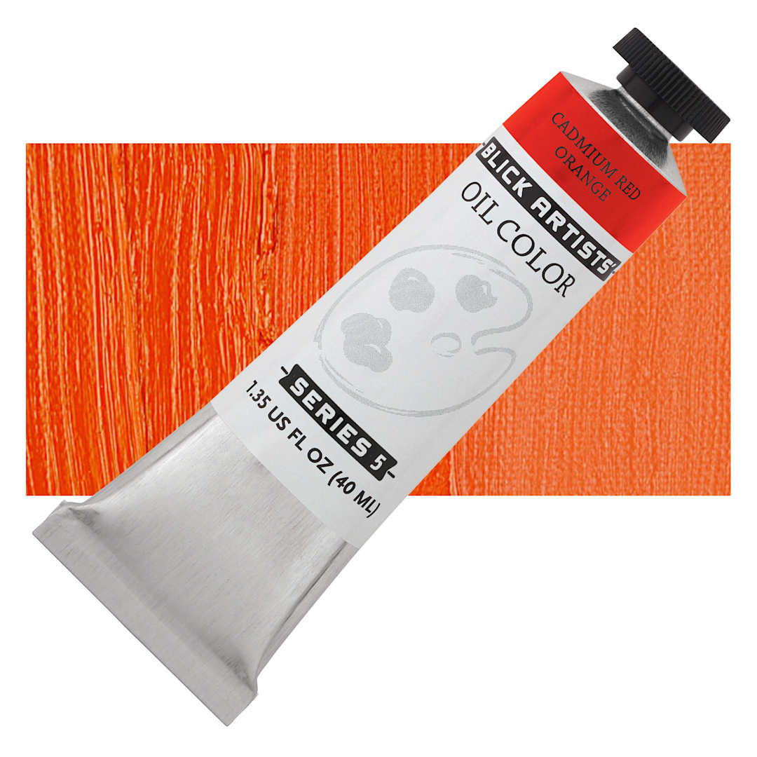 Open in modal - Blick Artists' Oil Paint - Cadmium Red Orange, 40 ml tube and swatch