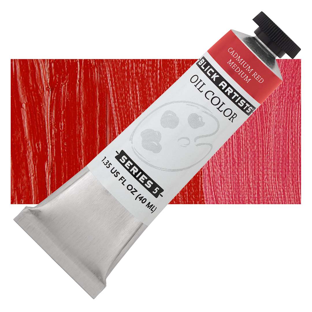 Open in modal - Blick Artists' Oil Paint - Cadmium Red Medium, 40 ml tube and swatch