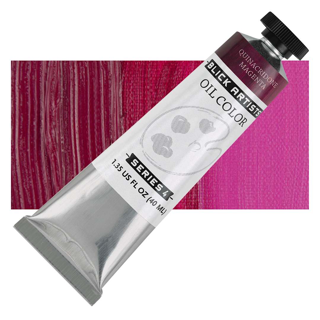 Open in modal - Blick Artists' Oil Paint - Quinacridone Magenta, 40 ml tube and swatch