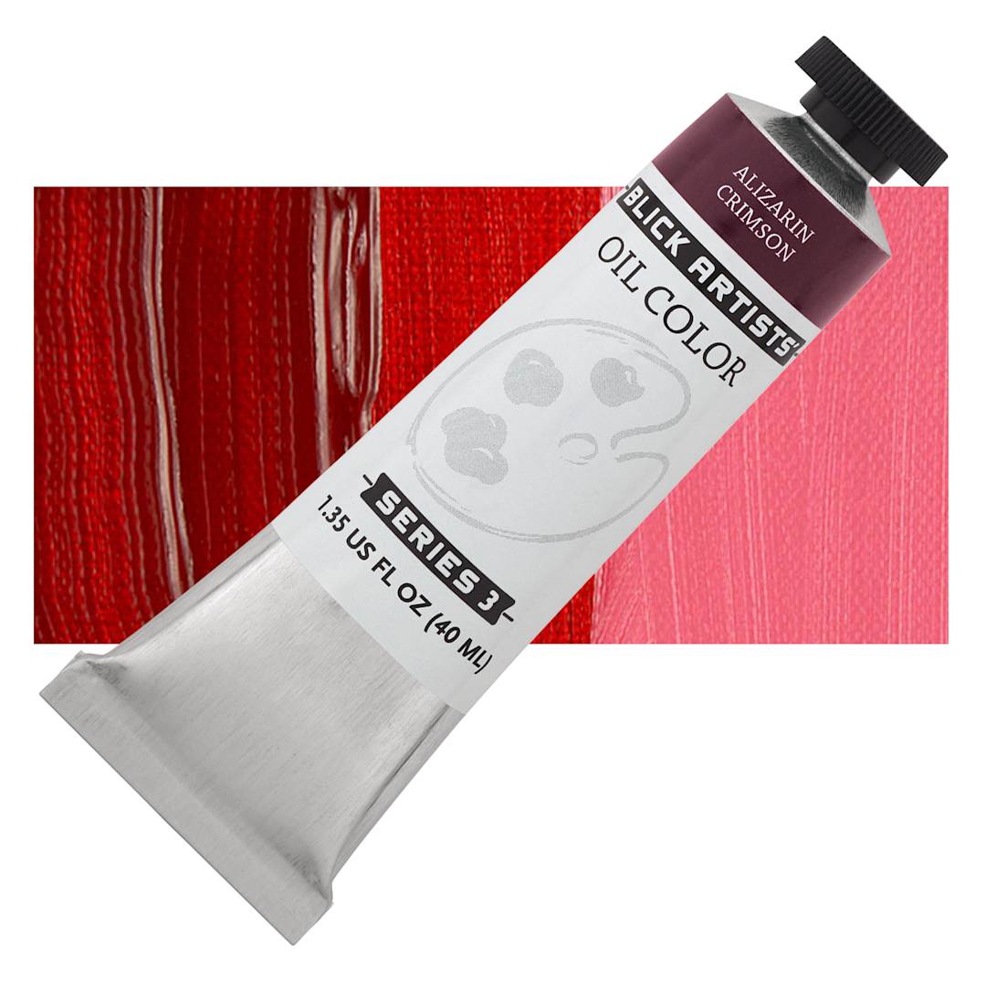 Open in modal - Blick Artists' Oil Paint - Alizarin Crimson, 40 ml tube and swatch