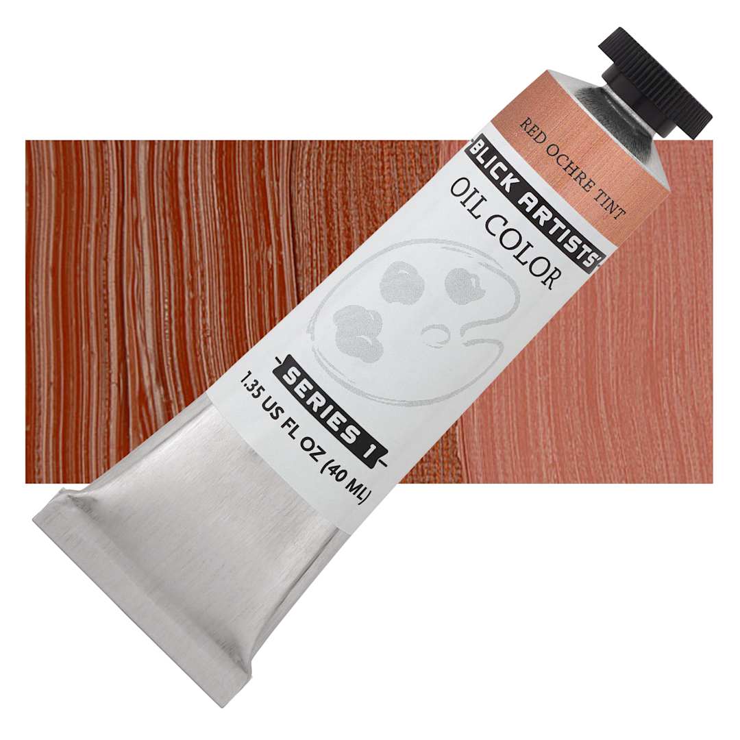 Open in modal - Blick Artists' Oil Paint - Red Ochre Tint, 40 ml tube and swatch