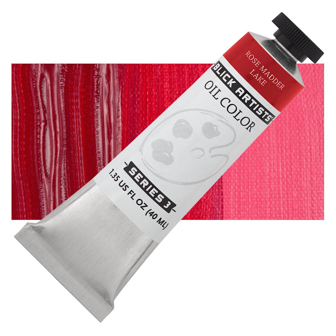 Open in modal - Blick Artists' Oil Paint - Rose Madder Lake, 40 ml tube and swatch