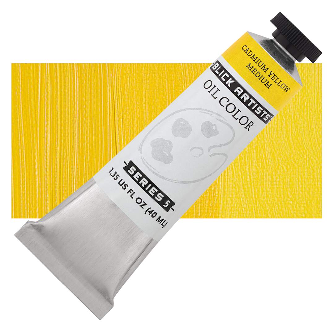 Open in modal - Blick Artists' Oil Paint - Cadmium Yellow Medium, 40 ml tube and swatch