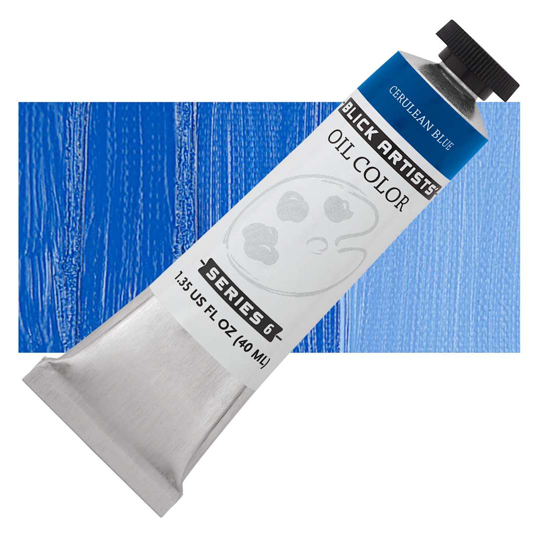 Open in modal - Blick Artists' Oil Paint - Cerulean Blue, 40 ml tube and swatch
