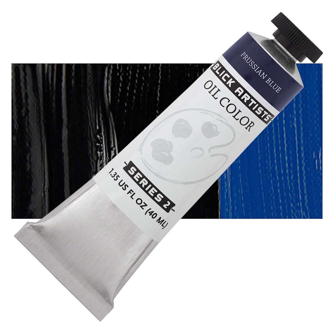 Open in modal - Blick Artists' Oil Paint - Prussian Blue, 40 ml tube and swatch