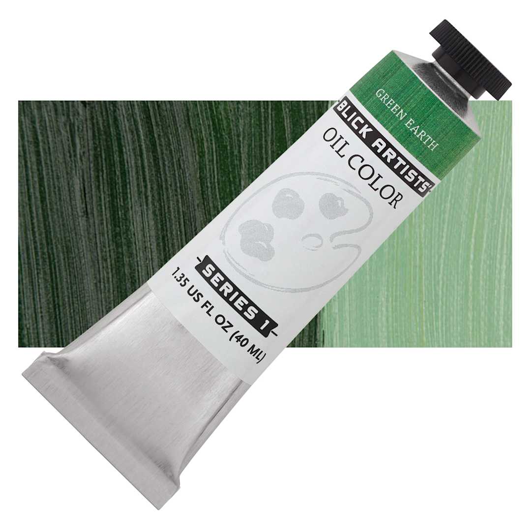 Open in modal - Blick Artists' Oil Paint - Green Earth, 40 ml tube and swatch