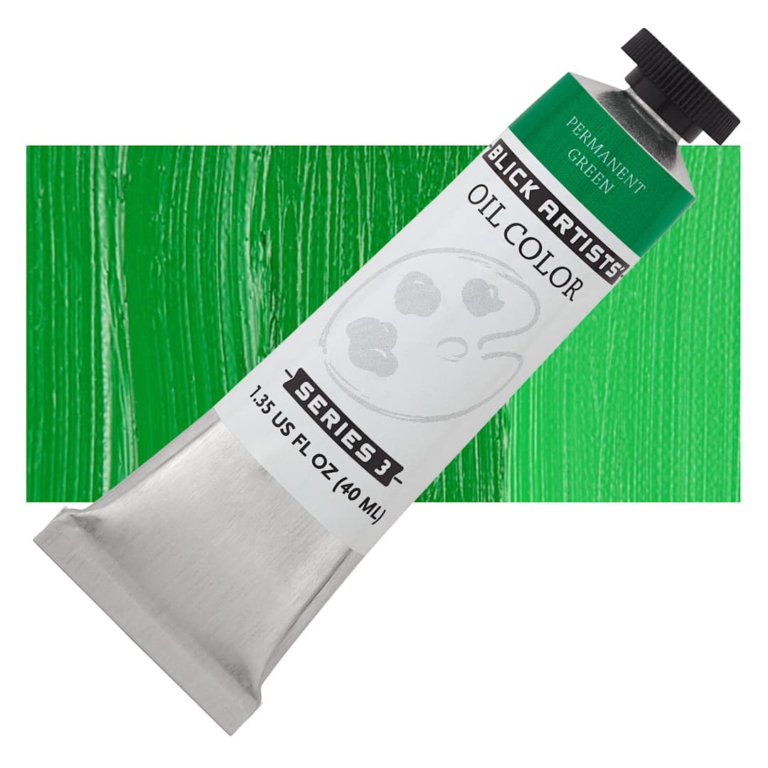 Open in modal - Blick Artists' Oil Paint - Permanent Green, 40 ml tube and swatch