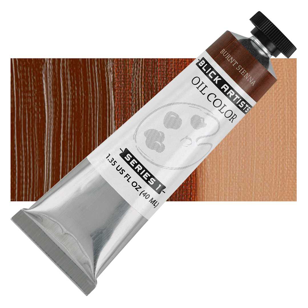 Open in modal - Blick Artists' Oil Paint - Burnt Sienna, 40 ml tube and swatch