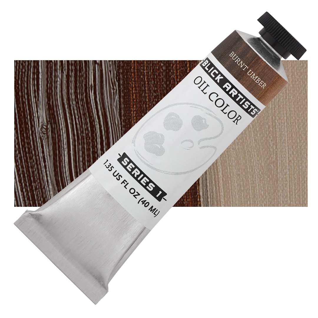 Open in modal - Blick Artists' Oil Paint - Burnt Umber, 40 ml tube and swatch