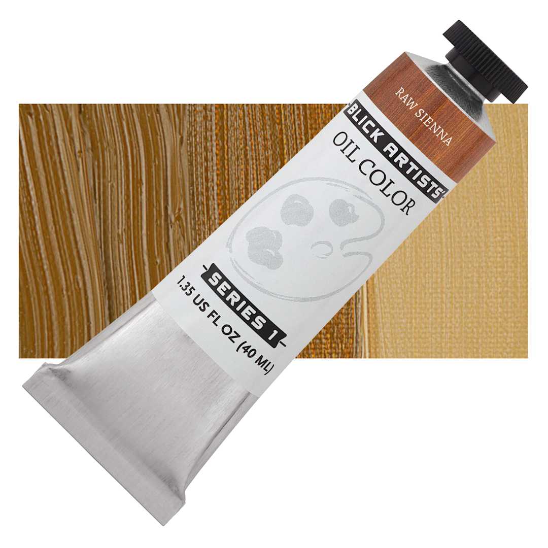Open in modal - Blick Artists' Oil Paint - Raw Sienna, 40 ml tube and swatch