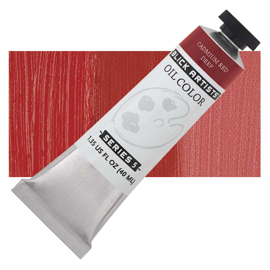 Open in modal - Blick Artists' Oil Paint - Cadmium Red Deep, 40 ml tube and swatch