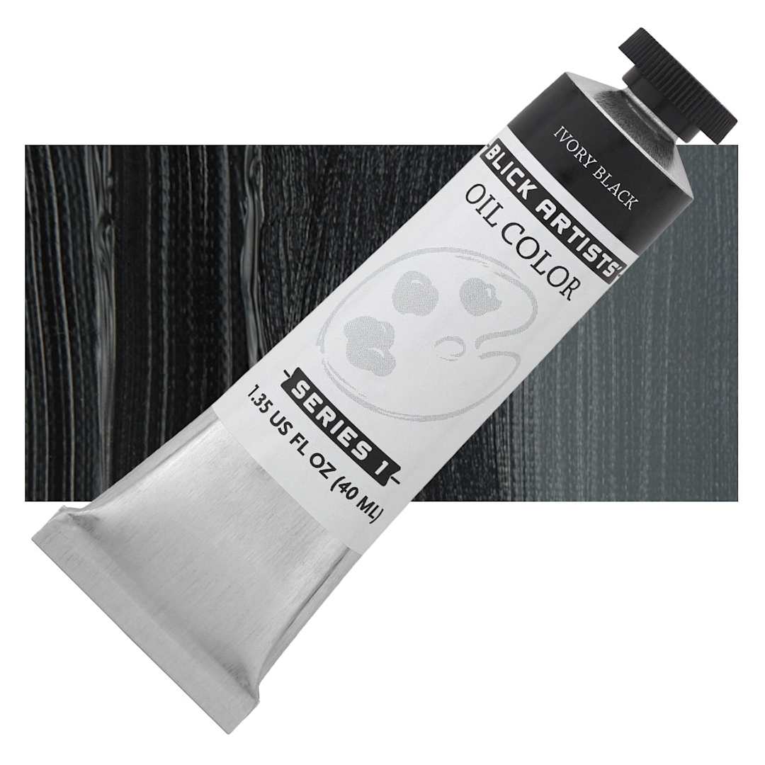 Open in modal - Blick Artists' Oil Paint - Ivory Black, 40 ml tube and swatch