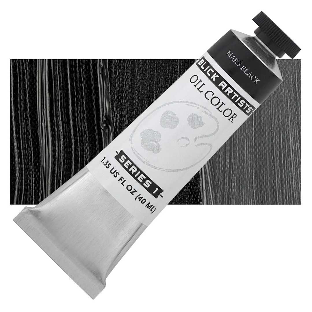 Open in modal - Blick Artists' Oil Paint - Mars Black, 40 ml tube and swatch