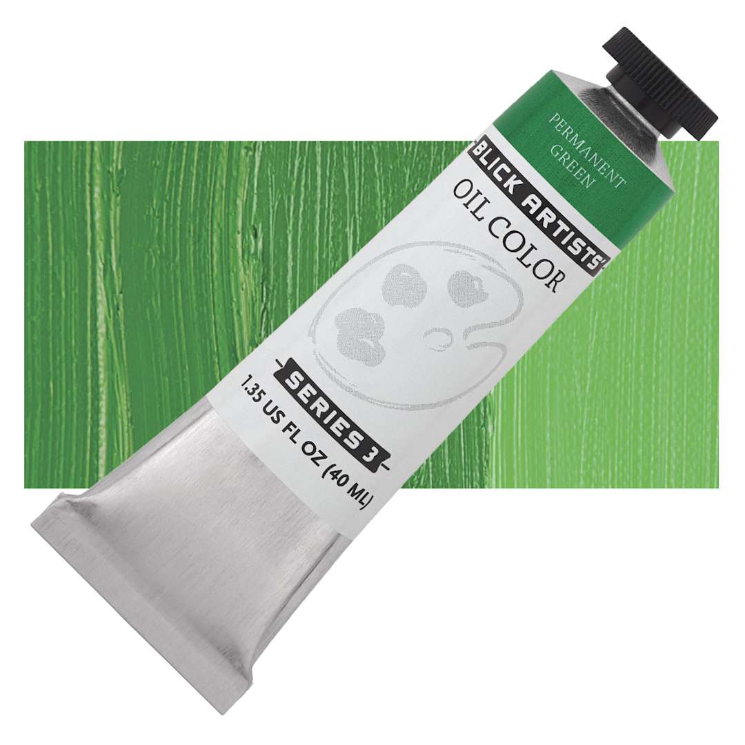 Open in modal - Blick Artists' Oil Paint - Permanent Green, 40 ml tube and swatch
