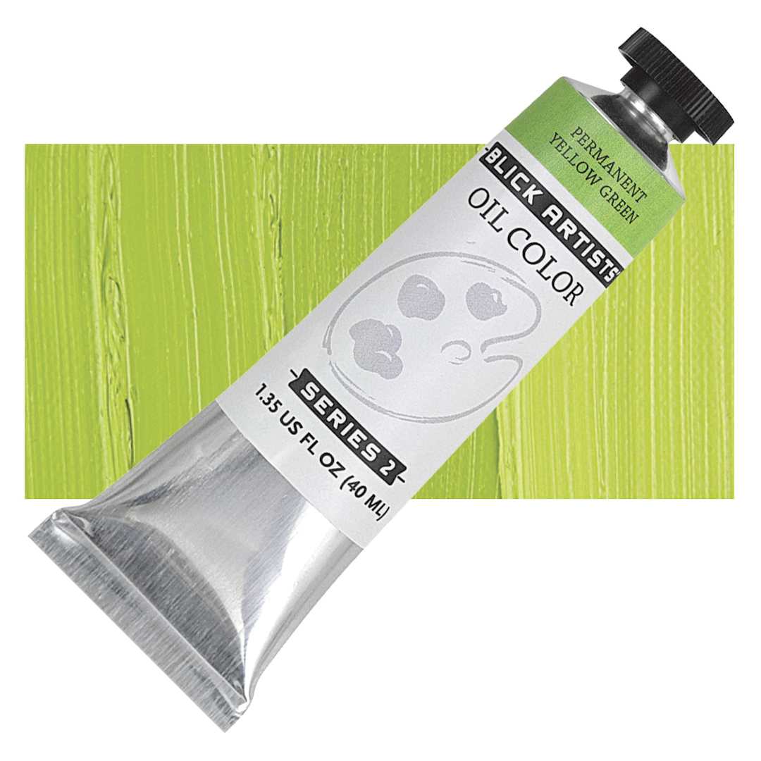 Open in modal - Blick Artists' Oil Paint - Permanent Yellow Green, 40 ml tube and swatch