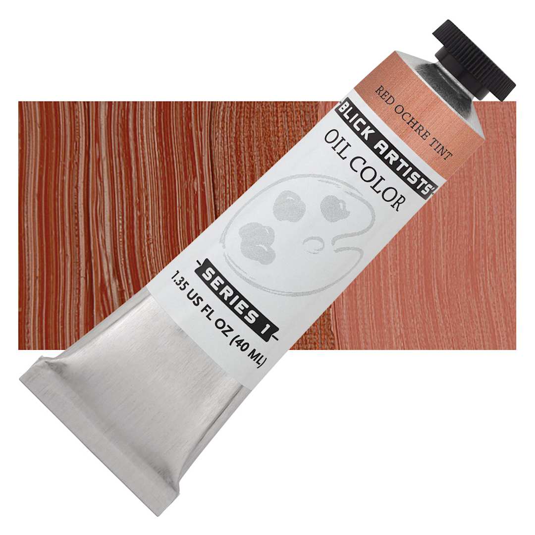 Open in modal - Blick Artists' Oil Paint - Red Ochre Tint, 40 ml tube and swatch