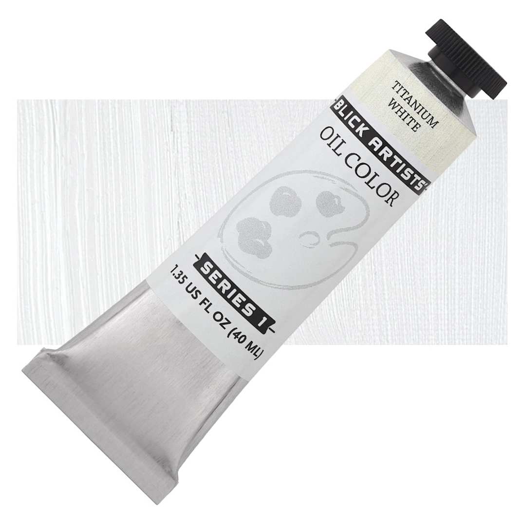 Open in modal - Blick Artists' Oil Paint - Titanium White, 40 ml tube and swatch