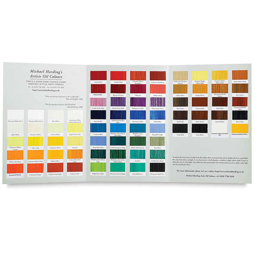 Open in modal - Michael Harding Artists Oil Color - Handmade Color Chart open to show swatches